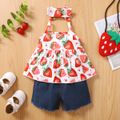 3pcs Baby Girl All Over Strawberry Print Spaghetti Strap Top and Ripped Denim Shorts with Headband Set White