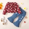 2pcs Baby Girl 100% Cotton Denim Flared Jeans and All Over Love Heart Print Off Shoulder Long-sleeve Top Set Red