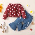 2pcs Baby Girl 100% Cotton Denim Flared Jeans and All Over Love Heart Print Off Shoulder Long-sleeve Top Set Red