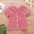 Toddler Girl Doll Collar Button Design Short-sleeve Plaid Shirt Red