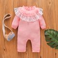 100% Cotton Crepe Baby Girl Lace Splicing Solid Ruffle Long-sleeve Jumpsuit Coral