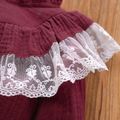 100% Cotton Crepe Baby Girl Lace Splicing Solid Ruffle Long-sleeve Jumpsuit Burgundy