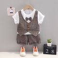 2pcs Toddler Boy Gentleman Suit, Faux-two Bow tie Design Tee and Plaid Shorts Set Brown image 1