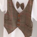 2pcs Toddler Boy Gentleman Suit, Faux-two Bow tie Design Tee and Plaid Shorts Set Brown