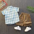 3pcs Toddler Boy Casual Letter Print Tee & Plaid Shirt and Shorts Set Blue
