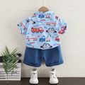 2pcs Toddler Boy Playful Denim Jeans Shorts and Vehicle Print Lapel Collar Shirt Set Blue