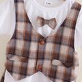 2pcs Toddler Boy Gentleman Suit, Faux-two Bow tie Design Tee and Plaid Shorts Set Brown