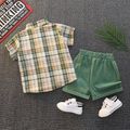 3-Pack Toddler Boy Casual White Tee & Plaid Shirt and Pocket Design Cargo Shorts Set Green