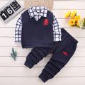 2pcs Toddler Boy Preppy style Faux-two Lapel Collar Embroidered Shirt and Pants Set Dark Blue image 1