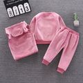 3pcs Bear Applique Fleece-lining Hooded 3D Ear Decor Vest and Long-sleeve Pullover and Pants Dark Pink or Grey Toddler Set Dark Pink