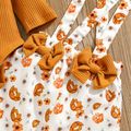 100% Cotton 3pcs Baby Letter Print Ruffle Long-sleeve Ribbed Romper and Floral Print Suspender Overalls Set Ginger