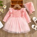 2pcs Lace and Mesh Splicing Ruffle Long-sleeve Baby Princess Party Dress Set Pink image 1