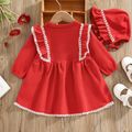 2pcs Lace Splicing Ruffle Pom Poms Bowknot Red Baby Long-sleeve Party Dress Set Red image 2