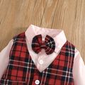 2pcs Baby Boy Solid Lapel Long-sleeve Splicing Red Plaid Bow Tie Faux-two Romper and Trousers Set Red