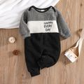 100% Cotton Baby Boy Letter Embroidered Colorblock Fuzzy Fleece Jumpsuit Grey