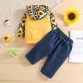 2pcs Baby Girl Sunflowers Floral Print Leopard Long-sleeve Hoodie and Denim Ripped Jeans Set Yellow