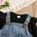 2pcs Baby Girl Solid Ribbed Long-sleeve Romper and Denim Overalls Set Bluish Grey