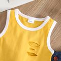 100% Cotton 2pcs Baby Boy/Girl Sleeveless Ripped Tank Top and Rainbow Print Denim Overalls Shorts Set Yellow