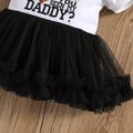 100% Cotton 2pcs Baby Girl Football and Letter Print Puff Sleeve Splicing Mesh Tutu Dress with Headband Set White