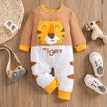 100% Cotton Baby Boy Cartoon Tiger and Letter Print Long-sleeve Splicing Jumpsuit White