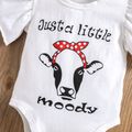 100% Cotton 3pcs Baby Girl Ladybugs/Cow Letter Print Ruffle Short-sleeve Romper and Shorts with Headband Set Black