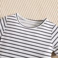 2pcs Baby Boy/Girl Striped Short-sleeve Top and Bear Print Denim Overalls Shorts Set Blue