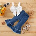 2pcs Baby Girl Eyelet Embroidered Bow Front Cami Crop Top and Frayed Raw Trim Denim Flared Pants Set White image 1