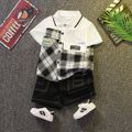 2pcs Toddler Boy Trendy Plaid Splice Lapel Collar Shirt and Shorts Set BlackandWhite
