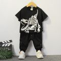 2pcs Toddler Boy Playful Dinosaur Print Tee and Pocket Design Pants Set Black