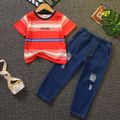 2pcs Toddler Boy Trendy Ripped Denim Jeans and Letter Print Stripe Tee Set Red/White image 1