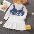2pcs Toddler Girl Elegant  Butterfly Print Denim Vest and Lapel Collar Button Design Fashionable White Shirt Dress Set White