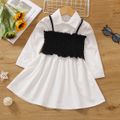 2pcs Toddler Girl Trendy Lapel Collar Long-sleeve Shirt Dress and Smocked Camisole Set White image 1