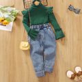 2pcs Toddler Girl Sweet Denim Jeans and Turtleneck Ruffled Bell sleeves Tee set Green image 1
