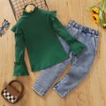 2pcs Toddler Girl Sweet Denim Jeans and Turtleneck Ruffled Bell sleeves Tee set Green image 2