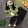 2pcs Kid Boy Colorblock Buckle Design Long-sleeve Shirt and Black Pants Set Green image 2