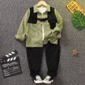 2pcs Kid Boy Colorblock Buckle Design Long-sleeve Shirt and Black Pants Set Green image 1