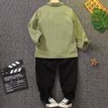 2pcs Kid Boy Colorblock Buckle Design Long-sleeve Shirt and Black Pants Set Green image 3
