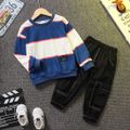 2pcs Toddler Boy Trendy Stripe Colorblock Sweatshirt and Pocket Design Pants Set Blue