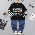 2pcs Toddler Boy Playful Denim Jeans and Faux-two Vehicle Print Striped Tee Set Black image 1