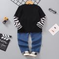 2pcs Toddler Boy Playful Denim Jeans and Faux-two Vehicle Print Striped Tee Set Black image 2