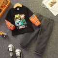 2pcs Toddler Boy Trendy Denim Jeans and Faux-two Dinosaur Print Sweatshirt Set Black image 2