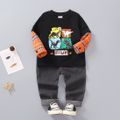 2pcs Toddler Boy Trendy Denim Jeans and Faux-two Dinosaur Print Sweatshirt Set Black image 1