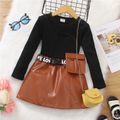 3pcs Toddler Girl Trendy Waist Bag & Cut Out Tee and PU Belted Skirt Set Black image 1