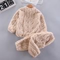2pcs Fluffy Jacquard Solid Long-sleeve Pullover Top and Pants Beige or Khaki Toddler Set Beige