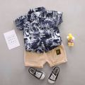 2pcs Toddler Boy Trendy Floral Print Lapel Collar Shirt and Pocket Design Shorts Set Dark Blue
