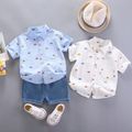 2pcs Toddler Boy Playful Denim Shorts & Car Print Shirt Set White image 1