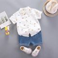 2pcs Toddler Boy Playful Denim Shorts & Car Print Shirt Set White image 2