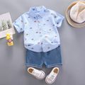 2pcs Toddler Boy Playful Denim Shorts & Car Print Shirt Set Blue image 1