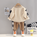 2pcs Toddler Boy Playful Bear Print Polo Sweatshirt and Plaid Splice Pants Set Apricot image 2