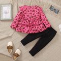 2pcs Baby Girl Leopard Print Long-sleeve Ruffle Trim Top and Heart Graphic Pants Set Hot Pink image 2
